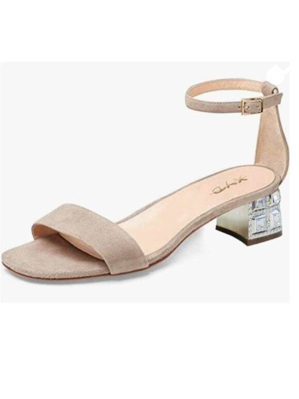 XYD Beige Open Toe Strappy Sparkly Block Heel Sandal Ankle Strap Buckled Shoe